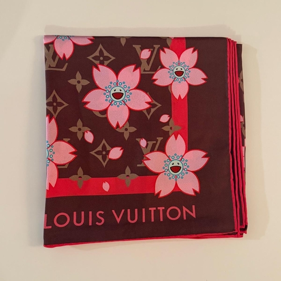 Louis Vuitton x Takashi Murakami Cherry Blossom Silk Scarf Brown Pink Monogram - Picture 8 of 8